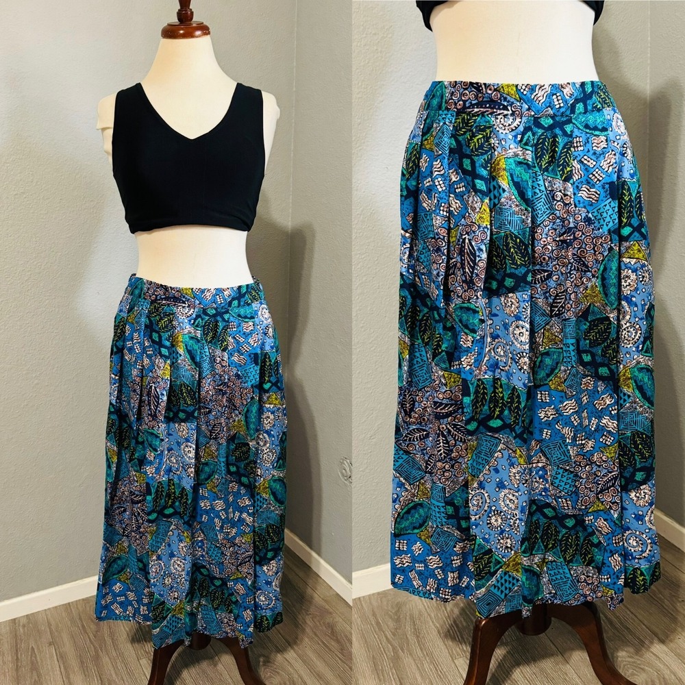 Worthington Vintage 90s Blue Abstract Geometric Rayon Maxi Skirt Pockets Size XS